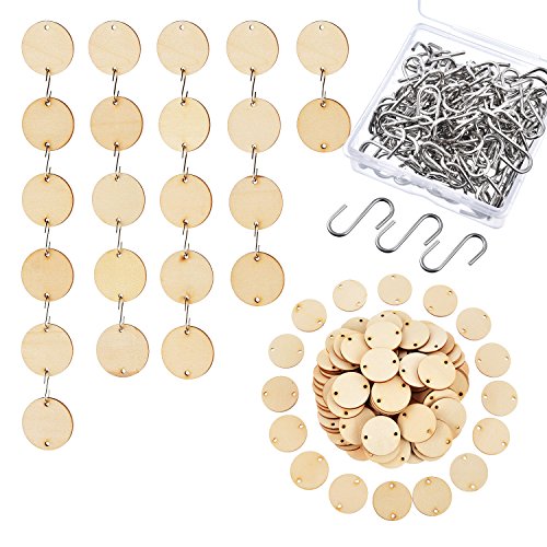 Christmas Wooden Tags with 2 Holes Round Wood Discs and S Hooks Connectors for Christmas, Birthday Boards, Chore Boards and Crafts