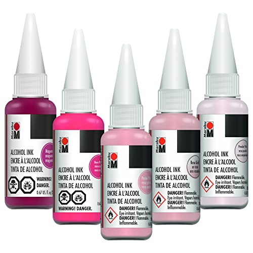 Marabu Pink Alcohol Ink Set - 5 Colors Set, Pastel Pink, Powder Pink, Neon Pink, Rose Gold, Magenta - Alcohol Ink for Epoxy Resin, Tumbler Making, Alcohol Ink Paper - Large 0.68 Ounce Inks