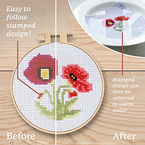 Cross Stitch Kits for Beginners (Flower Theme - 6.75 Inch - 4 Pack 1 x Embroidery Hoop) DIY Embroidery Needlepoint Patterns for Adults, Includes Poppy, Rose, Sunflower and Pansy. Complete Set Included