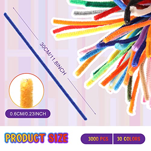 3000 Pcs Pipe Cleaners Craft Supplies Solid Color 6 mm x 12 Inch Chenille Stems for Kids Adults DIY Arts Crafts Decorations, 30 Assorted Colors