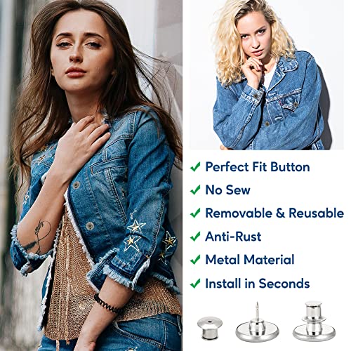 Jean Buttons Replacement No Sew Needed, 8 pcs Perfect Fit Instant Button to Extend or Reduce 1" to Denim Pants Corduroy Skirt Skinny Jeans Jeggings, Easy Clip Snap Tack Metal Button in 4 Designs
