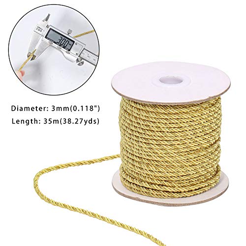 PH PandaHall 3mm / 35 Yards Metallic Twisted Cord Rope 3-Ply Twisted Cord Trim Thread String Twisted Silk Ropes Satin Shiny Cord for Home Décor Curtain Tieback Graduation Honor Cord (Gold)