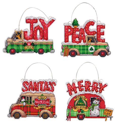 Dimensions Holiday Truck Christmas Ornaments Counted Cross Stitch Kit for Beginners, 14 Count Plastic Canvas, 4pc