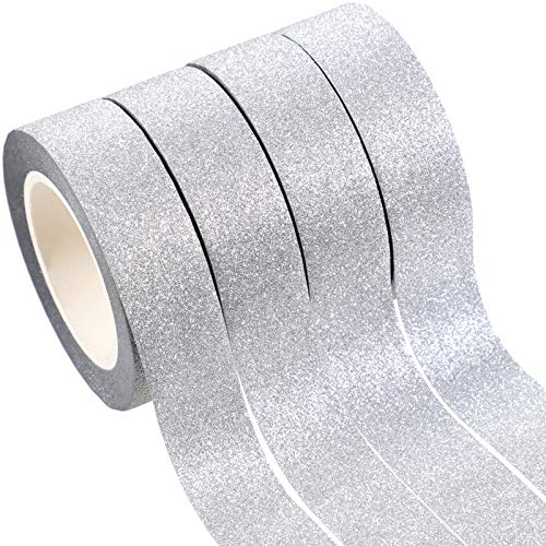 4 Rolls Glitter Washi Tape Crafting Tape Glitter Masking Tape for Festival Decoration Scrapbooking, Journal, Planner, Gift Wrapping, 0.6 Inch Wide (Silver)