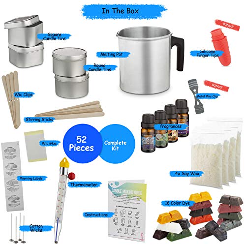 Etienne Alair Candle Making Kit - DIY Scented Candles Kit for Soy Candle Making, Set Includes: 2Lb Wax, 16 Color Wax Dye, 4 Fragrance Oils, Tins, Wicks, Centering Devices.