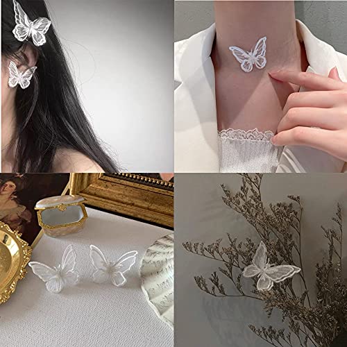 12pcs Butterfly Lace Trim, Double Layers Organza Butterfly Lace Fabric Embroidery Sewing Lace DIY Craft Butterfly Decor Applique Patches for Wedding Bride Hair Accessories Dress Curtain (White)