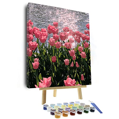 VIGEIYA 16x20in DIY Paint by Numbers for Adults Include Framed Canvas and Wooden Easel with Brushes and Acrylic Pigment (Pink Tulips)