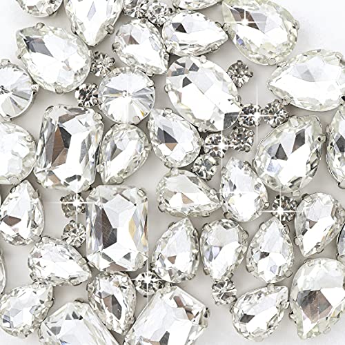Sew On Rhinestones 120PCS Glass Claw Rhinestone Metal Prong Setting Flat Back Rhinestones for Craft, Jewelry, Clothes, Shoes, Garments Bags Silver Metal Base (Clear)