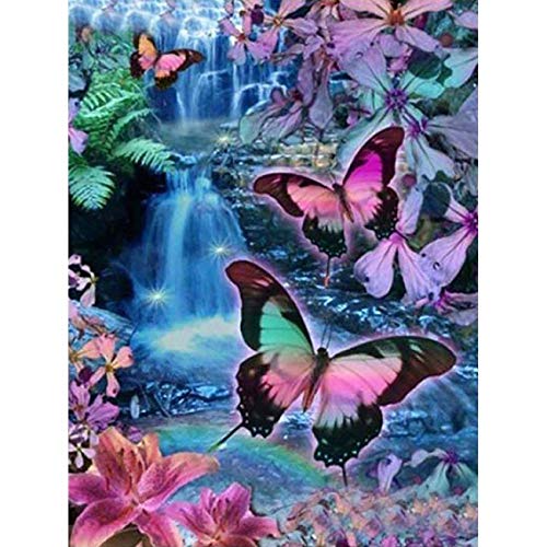 SKRYUIE 5D Diamond Painting Waterfall Mountain Butterfly Full Drill by Number Kits, DIY Rhinestone Pasted Paint Set for Arts Craft Decoration 30x40cm(12x16inch)