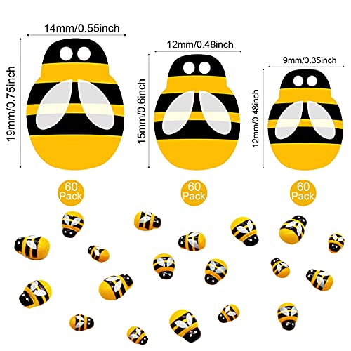 180Pcs Benvo 3 Sizes Tiny Wooden Bees Embellishments Self-Adhesive Bumblebee Decorations Painted Flat-Back Wooden Craft Bees for Baby Shower DIY Projects Party Craft Scrapbooking(0.75, 0.6, 0.48Inch)