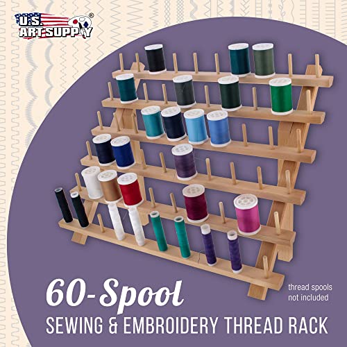 US Art Supply Premium Beechwood 60-Spool Sewing & Embroidery Thread Rack