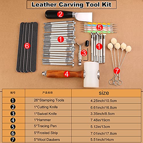 Leather Stamping Tools - Leather Carving Tool Kit, Saddle Making Tools Set, Swivel Knife, Leather Working Hammer, Cutting Knife, Wool Daubers, Frosted Strip for Leather Stamping, Carving