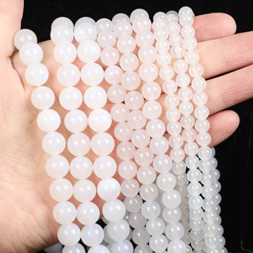 45pcs 8mm White Agate Natural Stone Beads Unpolished Smooth Gemstone Gem Strand Round Loose Beads for Jewelry Making,Energy Stone Healing Power