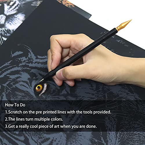 MIASTAR Scratch Art Animal Rainbow Painting Paper, Creative foil Scratch Art Toys Gift, Engraving Art & Craft Set, DIY Sketch Card Scratchboard for Kids & Adults - 16'' x 11.2'' with 3 Tools (Cat)