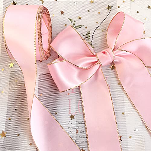 Pink & Ivory Satin Ribbon with Gold Edges, for Gift Wrapping Holiday Wedding Birthday Graduation Party Christmas Decoration,1“ Wide 25 Yard X 2 Rolls , Crafts Floral DIY Bags Bows White Ribbon
