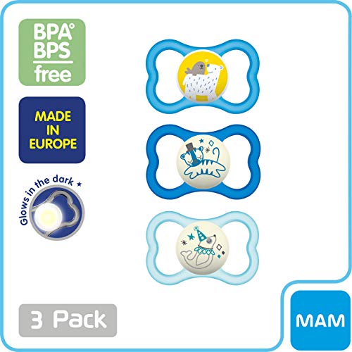 MAM Air Night & Day Baby Pacifier, For Sensitive Skin, Glows in the Dark, 3 Pack, 6-16 Months, Boy,3 Count (Pack of 1)