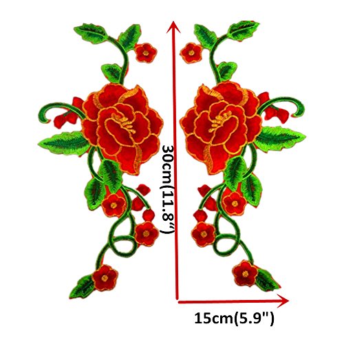 1 Set Peony Rose Embroidered Flower Patches Gold Trimming Sew Iron on Floral Applique Motif (Red)