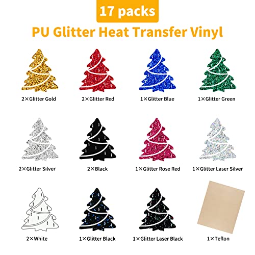 VinylRus Glitter HTV Heat Transfer Vinyl Bundle for Shirts - 17 Sheets 12"×10" Iron on Vinyl Including 11 Assorted Colors and 1 Teflon Sheet, Easy to Cut & Weed