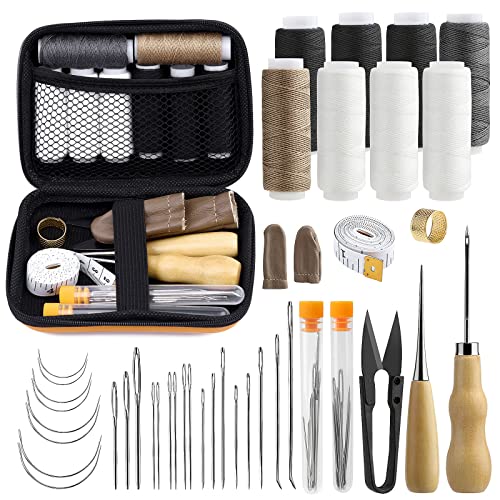 Leather Sewing Kit, 38 Pcs Leather Working Kit, Leather Sewing Upholstery Repair Kit with Large-Eye Stitching Needles, 8 Upholstery Thread, Leather Stitching Kit for Carpet Canvas DIY Sewing Repair