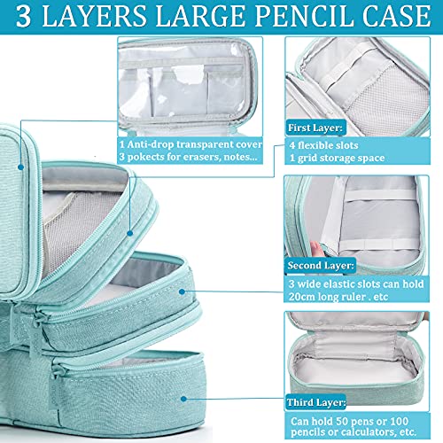 Large Capacity Pen Pencil Case Stationery Storage Large Handle Pen Pouch Bag 3 Layers Pen Pencil Organizer Bag with Double Zipper, Cosmetic Bag for College Students Men Women Girls Adults (Blue)