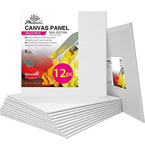 PHOENIX Painting Canvas Panels 6x6 Inch, 12 Value Pack - 8 Oz Triple Primed 100% Cotton Acid Free Canvases for Painting, White Blank Flat Canvas Boards for Acrylic, Oil, Watercolor & Tempera Paints