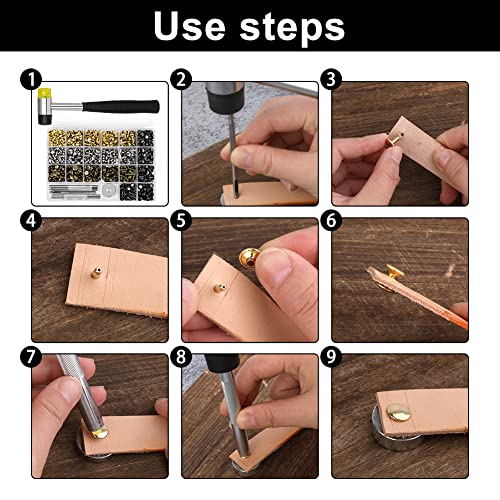 TLKKUE 360 Set Leather Rivets 4 Colors Double Cap Rivets Tubular 3 Sizes with Rubber Hammer Fixing Tool Kit 4 Piece for DIY Leather Craft Clothes Shoes Decoration and Repair