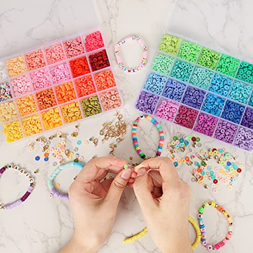 QUEFE 4800pcs Clay Beads for Bracelet Making Kit 48 Colors Flat Round Polymer Clay Beads Spacer Heishi Beads for Jewelry Making Kit, for Girls 8-12, Preppy, Gift Pack