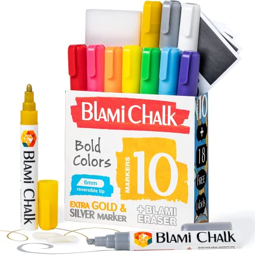 Blami Arts Liquid Chalk Markers Erasable 10 pack with Extra Gold and Silver Colors - Vibrant Color For Chalkboard Signs, Windows, Blackboards - 6mm Reversible Tip Chalk Pens, Erasing Sponge Included