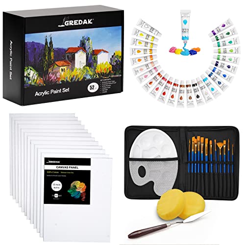 Gredak Deluxe Art Canvas Set Painting Kit, 52pcs of 8x10in-12pcs of Canvases for painting, 24 Acrylic Paint set ,12 Paint Brushes, 1 Palette Knife, 2 Sponges, 1 Palette and more Premium Art Supplies for Painting Artists, Kids and Adults