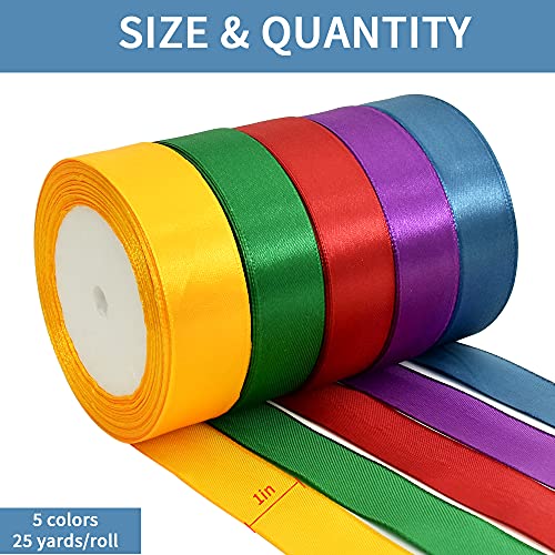 TONIFUL 1 Inch x 125 Yards 5 Colors Satin Ribbon Rolls, Mixed Bright Dark Gorgeous Color Set Fabric Ribbon for Gift Wrapping Embellish Wedding Birthday Party Decoration Bow Making Floral Craft Sewing