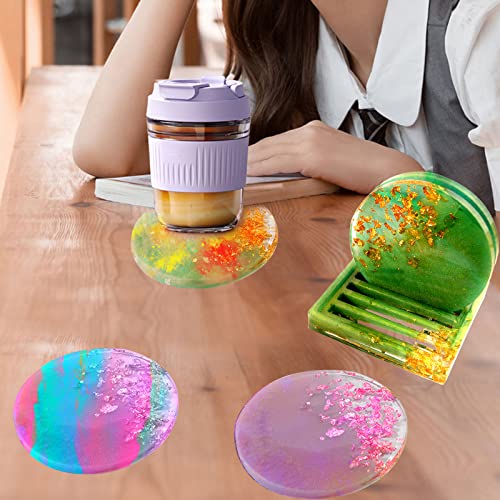 Szecl 4 Pcs Silicone Coaster Molds for Epoxy Resin with Coaster Organizer Holder Stand, 3 Pcs Round, 1 Pc Square Coaster Making Kit Resin Casting Mold for Handmade DIY Art Craft Office Desk Decoration