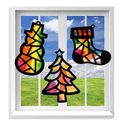 VHALE Suncatcher Kit for Kids, 3 Sets of Stained Glass Effect Paper Suncatchers (9 Cutouts, 27 Tissue Papers), Window Art, Classroom Arts and Crafts, Great Travel Toys, Party Favors (Christmas)