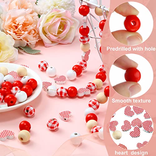 125 Pieces Fall Wood Beads Colorful Farmhouse Beads Decorative Polished Beads Natural Rustic Home Decor for Thanksgiving Christmas Autumn Garland (Maple) (Red, White, Heart)