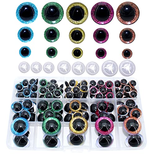BESTCYC 1Box(80pcs) 12/16/24MM 5Colors Plastic Safety Eyes Glitter Craft Eyes Threaded Shank Design Stuffed Animal Eyes with Washers for DIY Puppet, Toy, Doll DIY Making Supplies (Blue.Green.Gold.Orange.Hot pink)