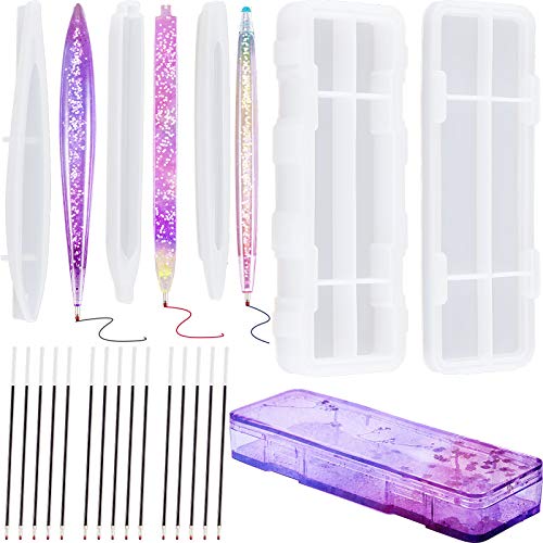 19 Pcs Resin Mold Sets 1 Pcs Case Resin Mould 3 Pcs Pen Shape Silicone Casting Moulds and 15 Ballpoint Refill Pens Silicone Molds for Storage DIY Resin Crafts Making