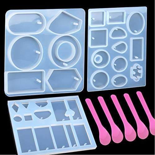 3 Pack Jewelry Casting Molds, LEOBRO Pendant Epoxy Resin Molds, Silicone Molds for Resin, with 5 PCS Mixing Spoons, Keychain Molds for Epoxy Resin, Earring Necklace Keychain Jewelry Making