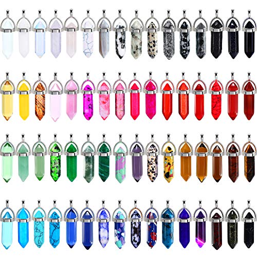 Bullet Shape Gemstone Pendant Hexagonal Chakra Crystal Pointed Quartz Pendants Artificial Stone with Storage Bag (64 Pieces)