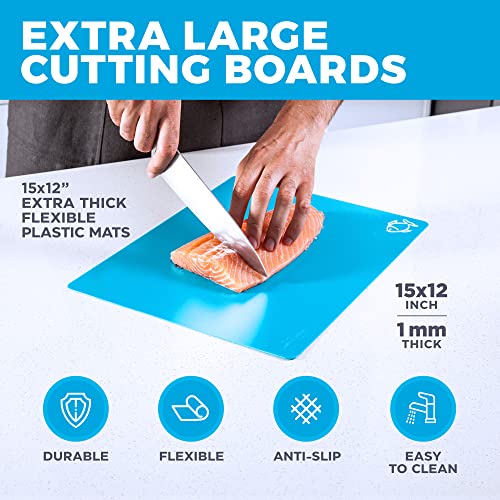 Extra Thick Flexible Plastic Cutting Board Mats With Food Icons & "EZ-Grip" Waffle Back, (Set of 4) - Chopping Board Set - Textured Waffle Grip Bottom Prevents Slipping On Most Counter Tops