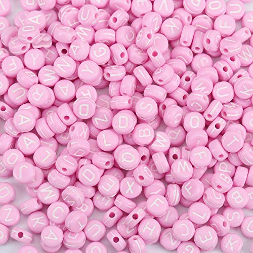 1,000 Acrylic Letter Beads Pink with White Letters 7mm or 1/4 Inch with 1.4mm Hole