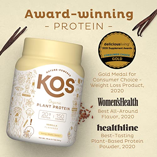 KOS Vegan Protein Powder Erythritol Free, Vanilla - USDA Organic Pea Protein Blend, Plant Based Superfood Rich in Vitamins & Minerals - Keto, Dairy Free - Meal Replacement for Women & Men, 15 Servings