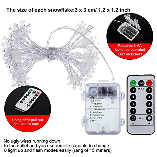 Mudder Christmas Snowflake String Lights, 10ft 30 LED, Battery Powered, 8 Modes, Remote and Timer Control Decoration for Christmas Snow Theme Parties Indoor Outdoor Lighting