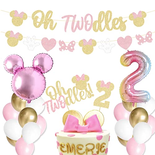 Oh Twodles Balloons Minnie Second Birthday Mouse Banner Cake Topper 2nd Banner Party Supplies Decorations Photo Prop for Girl Baby Bday Pink