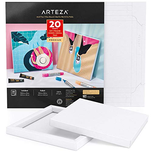 ARTEZA Mixed Media Paper Foldable Canvas Pad, 9.5x9.5 Inches, 20 Sheets, DIY Frame, Heavyweight Multimedia Paper, 228 lb, 370 GSM, Acid-Free, Art Supplies for Painting & Mixed Media Art