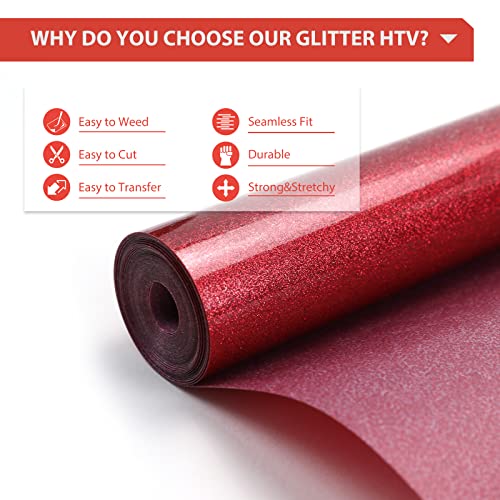 HTVRONT Red Glitter Heat Transfer Vinyl - 12" x 10ft Red Glitter Iron on Vinyl for Shirts, Glitter HTV Vinyl Rolls for Heat Vinyl Design