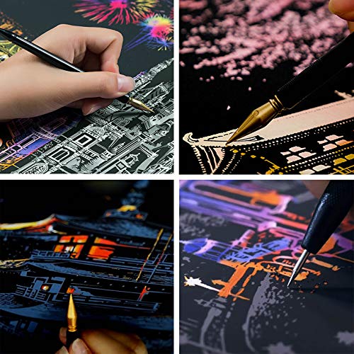 Scratch Art Rainbow Painting Paper, Sketch Pad DIY Night View Scratchboard for Kids & Adults, Engraving Art & Craft Set, Scratch Painting Creative Gift, 16'' x 11.2'' with 3 Tools (Las Vegas-America)