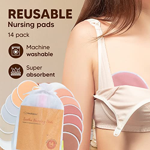 Reusable Nursing Pads for Breastfeeding, 14-Pack - 4-Layers Organic Bamboo Nursing Pads - Breastfeeding Pads - Washable Breast Pads - Natural Bamboo Maternity Pads (Lovelle, Medium 3.9")