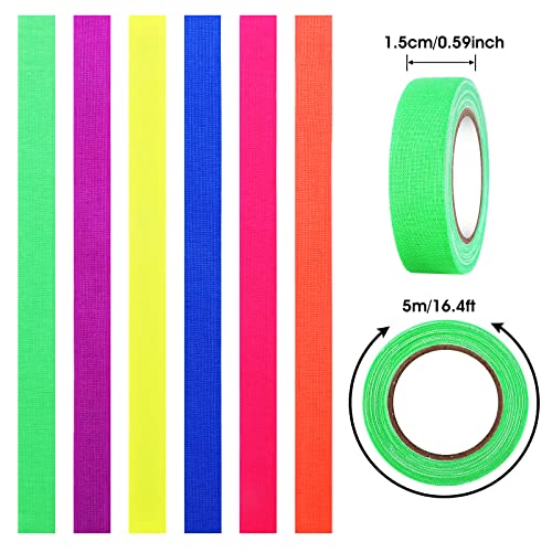 6 Rolls UV Tape Blacklight Reactive Tapes, Adhesive Fluorescent Neon Tapes 6 Colors Glow in The Dark Tapes Super Bright Spike Tape for Glow Party Stage, Pub Supplies (0.6 in x 16.4 ft Per)