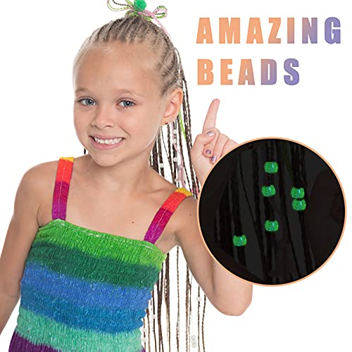 1203 Pieces Glow in The Dark Beads UV Plastic Pony Beads UV Hair Beads for Girls with 500 Pieces Mixed Color Elastic Hair Bands 3 Pieces Quick Beader for Bracelet Jewelry Making Supply, 8 mm