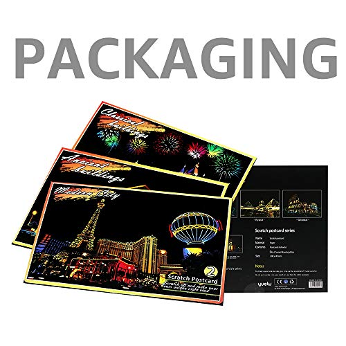Magic Scratch Art Paper, Mini Envelope Postcard, Rainbow Night View Scratchboard for Adults and Kids, Art & Crafts Set: 12 Sheets Scratch Cards & Drawing Pen, Clean Brush (Landmark Building)