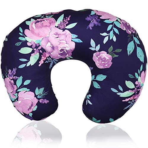 Purple Floral Nursing Pillow Cover, Breastfeeding Pillow Slipcover for Baby Boys & Girls, Nursing Pillow Case for Newborn, Soft Fabric Fits Snug On Infant, Washable & Breathable, Watercolor Flower